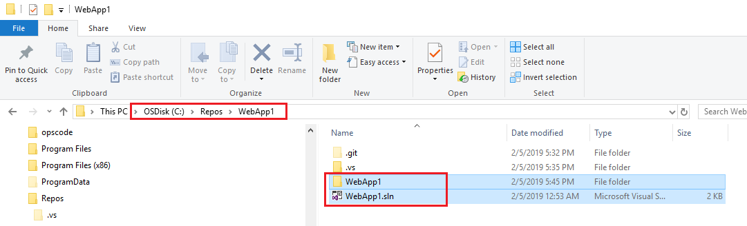 Screenshot of File explorer in the new cloned repository with the folder path, folder and file highlighted.
